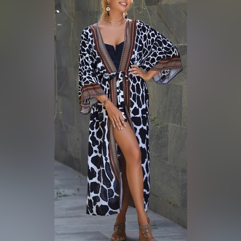 Elisa Bohemian Belted Kimono Cardigan Swimsuit Coverup Dress - Picture 3 of 4